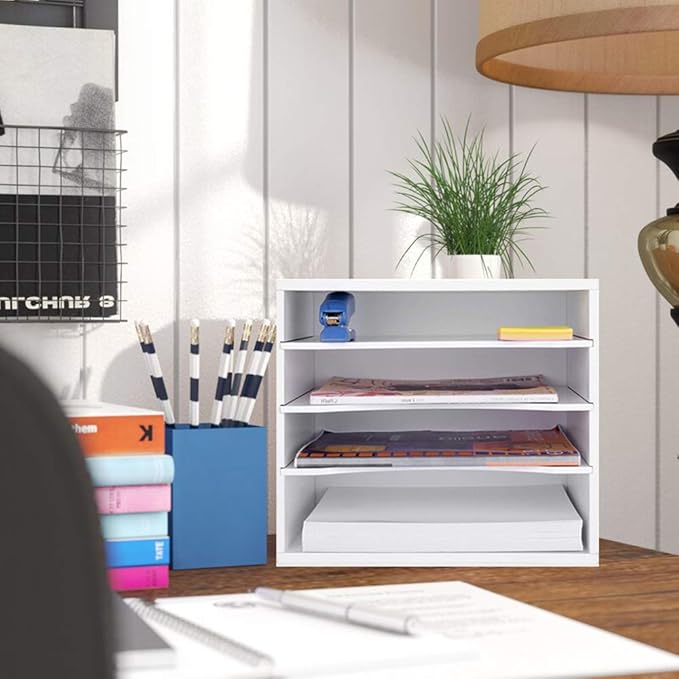 Paper Organzier Wood Desktop Organizer Storage Letter Tray File Sorter with Adjustable Shelves for Home Office