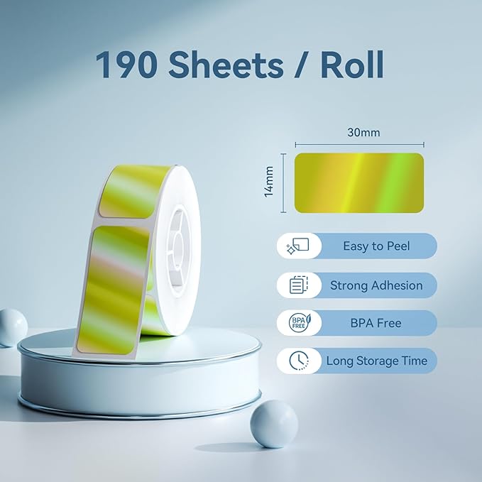 NIIMBOT Thermal Transfer Labels 0.55''x1.18'', Only for B18 Label Maker, PET Material, Waterproof and High-Temperature Resistance, Long Storage Time, Hologram Yellow(14x30mm-190)