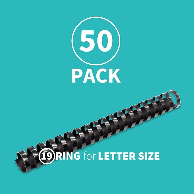 Binditek 50 Pack Plastic Binding Comb Spines, 1-1/8 Inch Diameter, 240 Sheet Capacity, 19 Ring, for Letter Size, Black, for Students and Coworkers