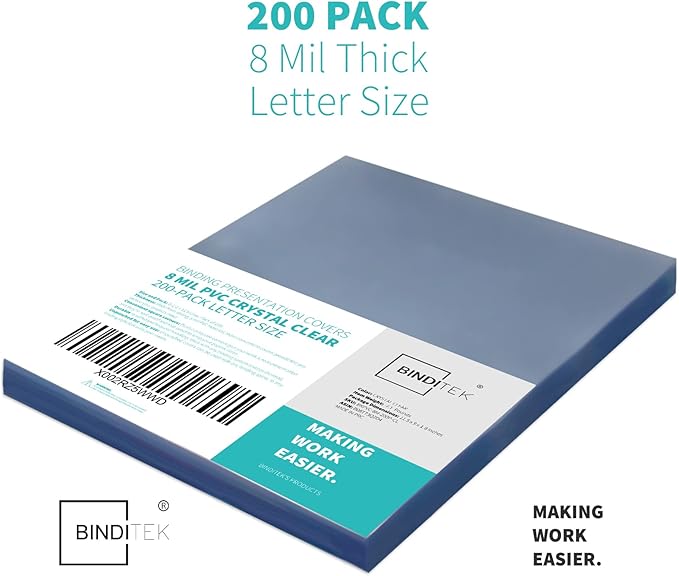 Binditek 200 Pack 8 Mil PVC Clear Binding Covers, 8.5 x 11 Inches, Letter Size, Square Corners, Un-Punched, Office Supplies