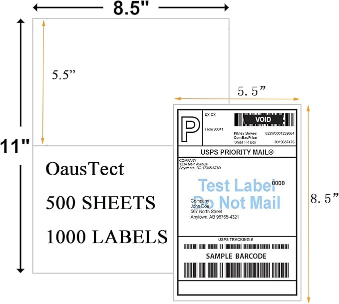 8.5 X 5.5 Shipping Label, Half Sheet Labels, Shipping Labels 2 Per Sheet, Laser & Inkjet Printer Printable, 5126/8126, Blank White Mailing Postage Labels (500 Sheets, 1000 Labels)