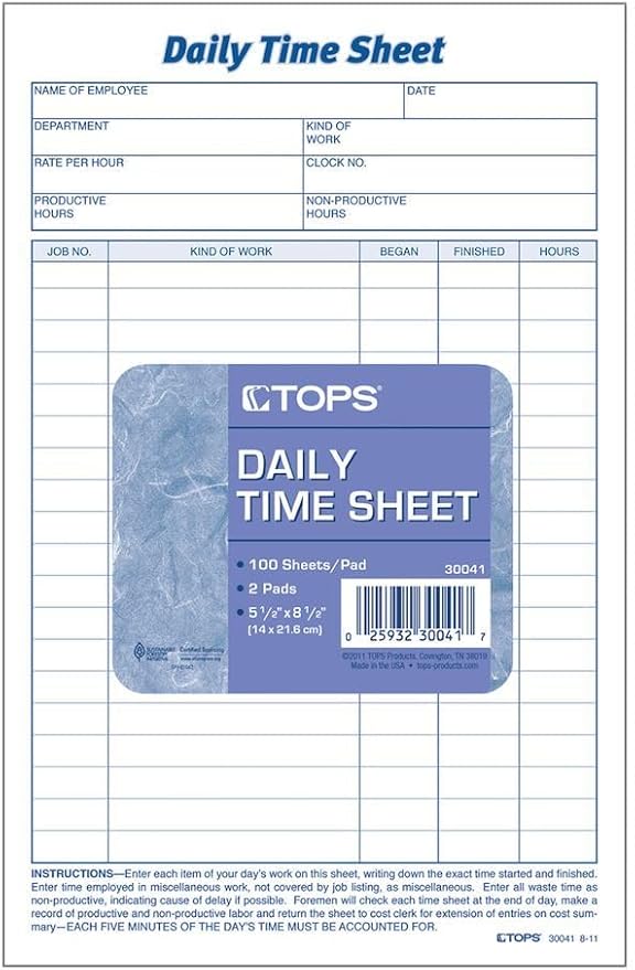 TOPS Daily Employee Time And Job Sheet, 6 x 9.5 Inches, 100 Sheets per Pad, 2 Pads/Pack (30041)