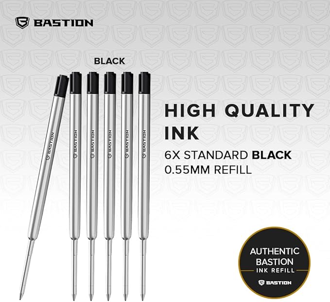 BASTION® Premium Pen Refill, Deeply Pigmented Ink for All Bastion Bolt Action Luxury Pens, Standard Ink Refill with 0.55mm Fine Tip - Black 6 Pieces