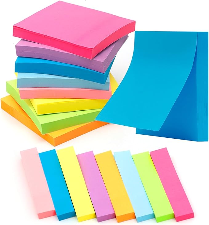 Sticky Notes & Index Strips - 8 Pads 3x3 Inch Note Pads and 8 Pads 0.6x3 inch Index Tabs, Bright Sticky Note Pads Set for Organization and Study (82 Sheet/Pads)