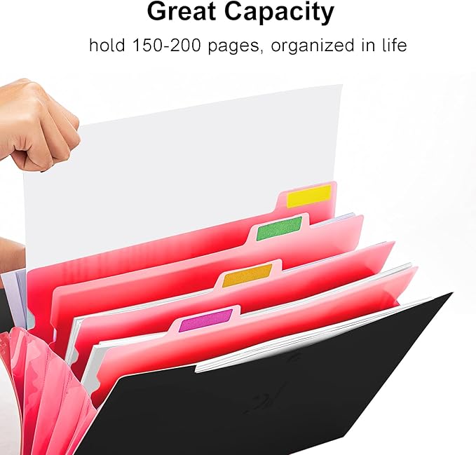 Forvencer Accordion File Organizer, Letter Size, 5 Pocket Expanding File Folder, Cute File Folder with Labels, Portable File Organizer for School Office Supplies, Folders for Documents, Black