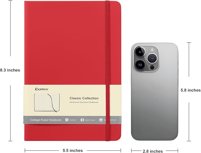 Comix Lined Journal Notebook for Women Men, Journaling Notebooks for Office School Home, 240 Pages, 5.5" x 8.3", College Ruled, A5, Hardcover, Red