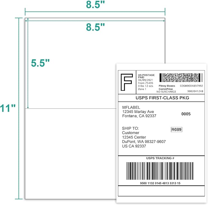 MFLABEL Half Sheet Label Laser/Ink Jet Shipping Label 8.5 x 11 Inches Packaging Labels, Address Labels for Laser & Inkjet Printers, 2500 Count(1250 Sheets)