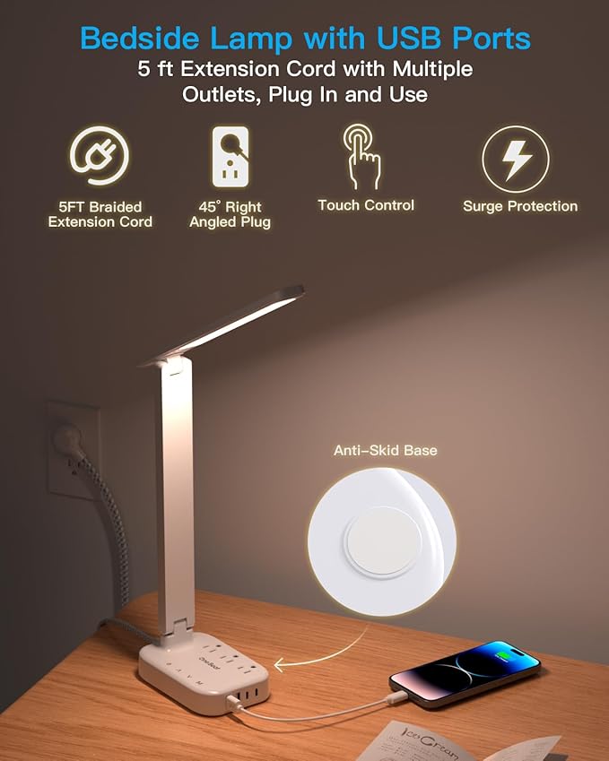 Power Strip with LED Desk Lamp, 3 Outlets 4 USB Ports(2 USBC) 4 Modes 5 Level Touch Lamp Small Desk Lamp for Home Office Bedroom Bedside, Study Reading Light, 5ft Extension Cord, Dorm Room Essentials