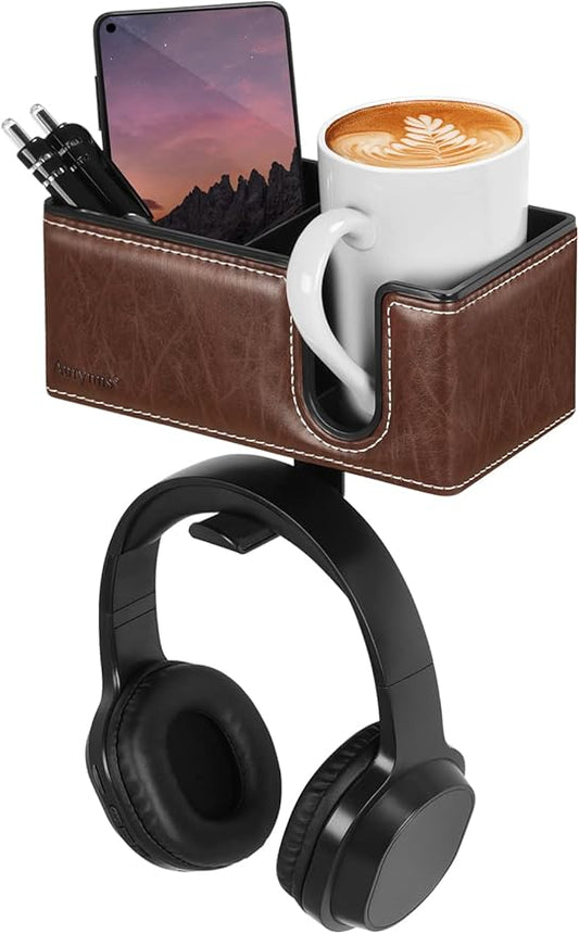 Desk Cup Holder Clip on Pen Holder Headphone Hanger Headset Stand Rotatable Clamp Hook Under Desk (Brown)