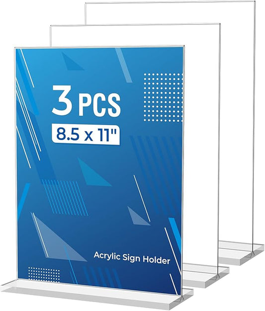 3 Pack Acrylic Sign Holder 8.5 x 11 Inches, Clear Menu Holder Stand, Vertical Flyer Display Stand, Table Paper Holder, Desk Brochure Holder, Plastic Sign Display Stand for Restaurants, Office, Store