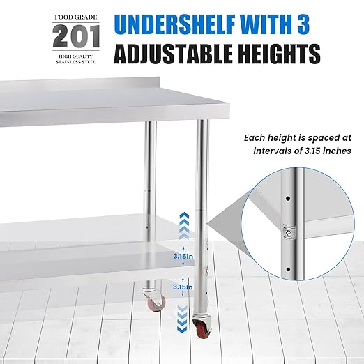 Stainless Steel Table for Prep & Work with 4 Caster Wheels with Backsplash 24 x 48 NSF Metal Commercial Kitchen Adjustable Under Shelf Worktable for Restaurant Home Outdoor