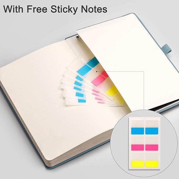 EMSHOI Lined Journal Notebook - 256 Numbered Pages 120gsm Thick Leather Journal with Sticky Notes, A5 Hardcover College Ruled Notebook for Women Men Work School Writing, Medium 5.75" x 8.38"-GrayBlue