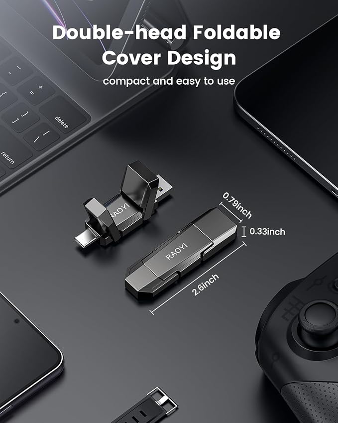RAOYI 256GB USB C External SSD, 2-in-1 Solid State Drive Up to 450MB/s Dual USB 3.2 + Type-C Thumb Drive Portable SSD Drive for iPhone 15/16, Android, Tablet, PC and PS4