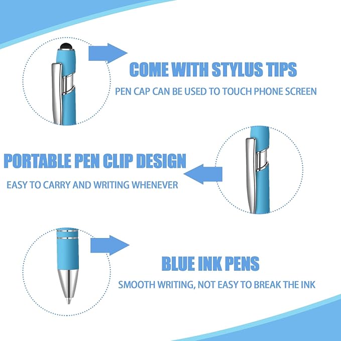 24 Pcs Blue Ink Ballpoint Pen with Stylus Tip 2 in 1 Ballpoint Pen 1.0 mm Blue Ink Metal Stylus Pen for Touch Screens Coworkers, Family, Colleagues, Office (light)