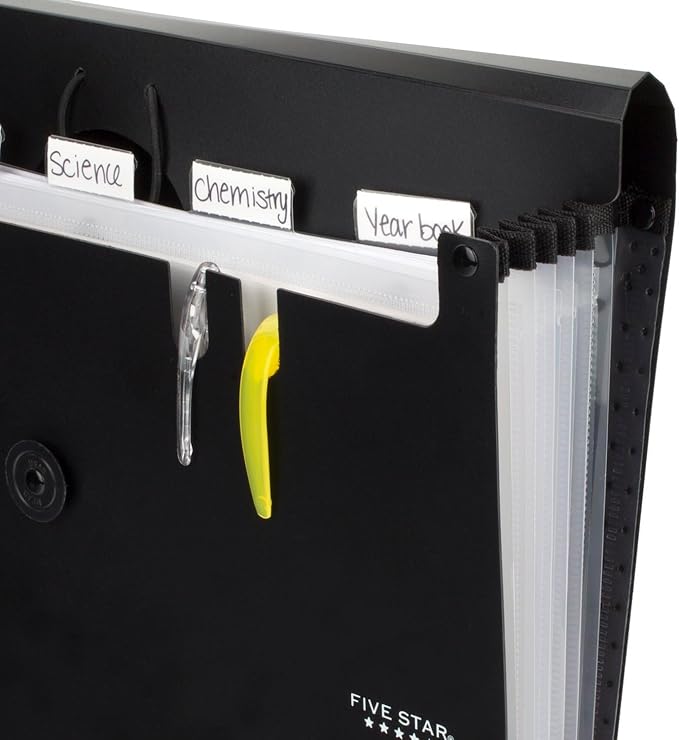 Five Star Expanding File Organizer, 6-Pocket Accordian File Organizer, Bungee Closure, Holds 11" x 8-1/2", Black (72391)