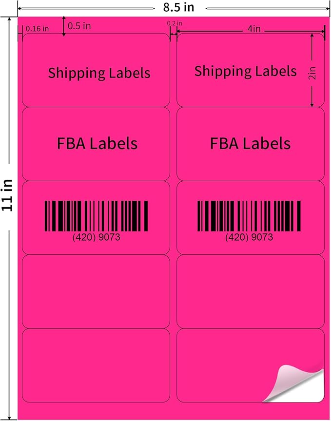 STARLIBOO Shipping Labels Stickers, 2"×4" Printable Fluorescent Mailing Labels for Laser/Inkjet Printing- Matte, Permanent Adhesive Sticker (Fluorescent Pink)
