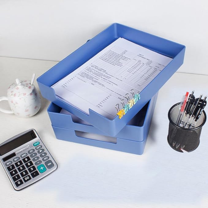 Letter-Size Tray, Desk Drawer Organizer, A4 Plastic Paper Tray, Stackable Plastic Paper Holder File Organizer for Office, School, Home Storage (Blue)