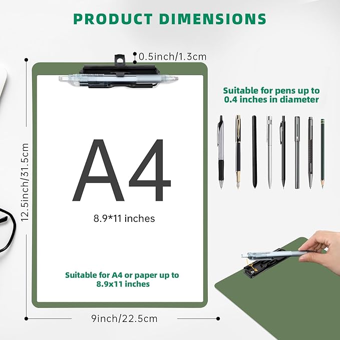 Clipboard with Pen Holder, 2 Pack Plastic Clipboard with Low Profile Metal Clip, Hanging Clip Boards Holds 8.5x11 Inch Papers, Standard A4 Letter Size Clip Boards for Offices & School, Green