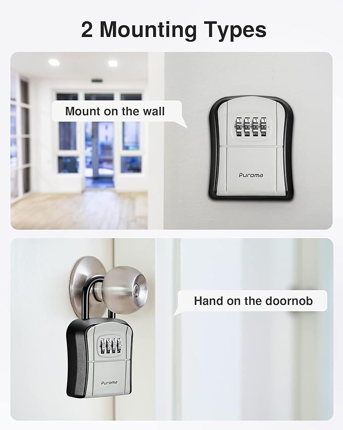 Puroma Key Lock Box, Portable Combination Lockbox Wall-Mounted Key Storage Box for House Keys, Resettable Code Safe Security Lock Box for Home, Office, Apartment Spare Key Storage (4 Pack, Gray)
