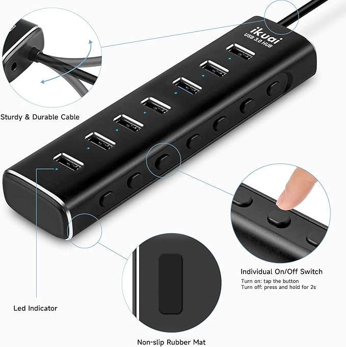 Powered USB 3.0 /USB C Hub, ikuai Aluminium 7-Port USB Hub Splitter with AC Adapter LED Individual On/Off Switches and 3.3ft Extended Long Cable for Laptop, Mac, PC, Flash Drive, Mobile HDD