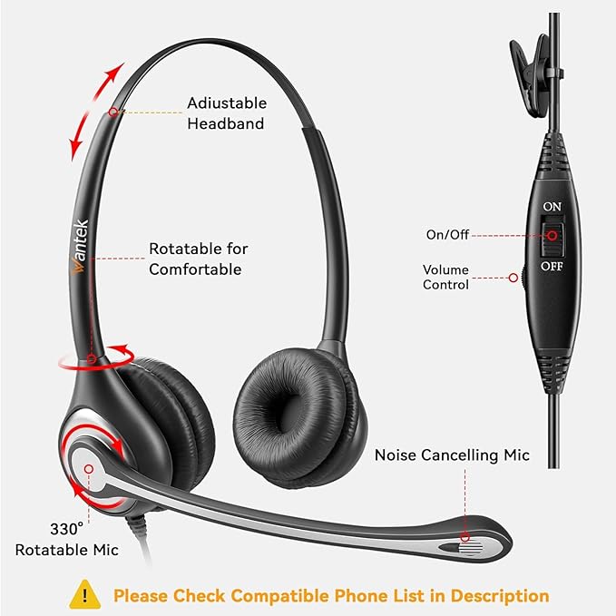 Wantek Phone Headset with Microphone Noise Cancelling,Telephone Headset 2.5mm Jack Compatible with Panasonic AT&T Uniden Cisco Linksys Grandstream Vtech Polycom Cordless Office Phones