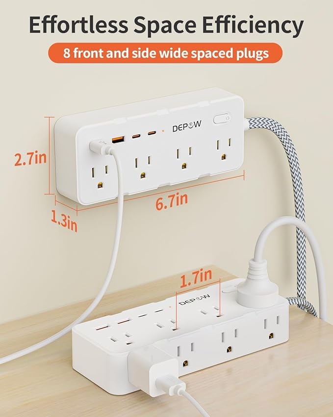 Power Strips with Surge Protection, 10 FT Braided Extension Cord with Multiple Outlets-8 AC Outlets 4 USB Ports (2 USB C), 1700 Joule Surge Protector with Flag Plug for Home Office, White
