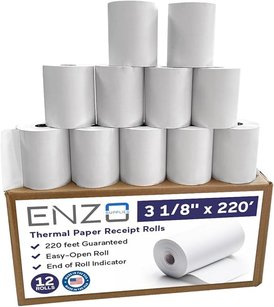 3 1/8'' x 220 Premium USA Made Thermal Rolls | BPA-Free Compatible with 60+ Printer Models, Crisp Black Images, POS Cash Register Suitable, Precisely Engineered Fit Pack of (12)