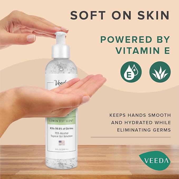 Veeda Scented Hand Sanitizer with Lemon Zest Scent - Moisturizing Clear Gel with Vitamin E & Antimicrobial Formula- Contains 70% Ethyl Alcohol - Travel Size, Made in USA - 8 Fl Oz, 236ml - 24 Bottles