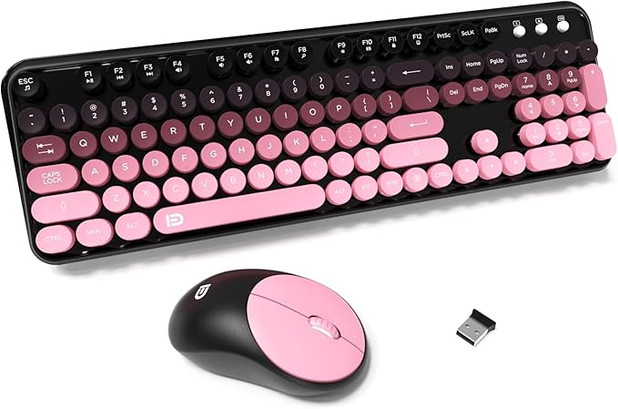 FD Wireless Keyboard and Mouse Combo - 2.4G Full-Sized Cute Colorful Mouse and Keyboard with 104 Round Keys Retro Typewriter Keyboards for Laptop/Windows/PC - Pink Gradient