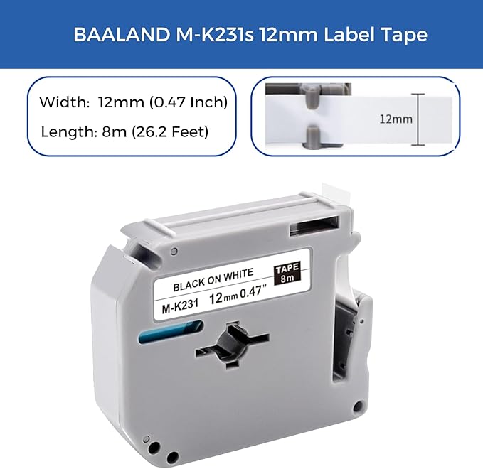 8-Pack MK231 M-K231 Label Tape Replace for Brother P Touch M Tape M-K231S M231 MK231 M-231 12mm 0.47 Inch for Brother PTouch PT-M95 PT-65 PT-80 PT-70 PT-45 PT-90 Label Makers