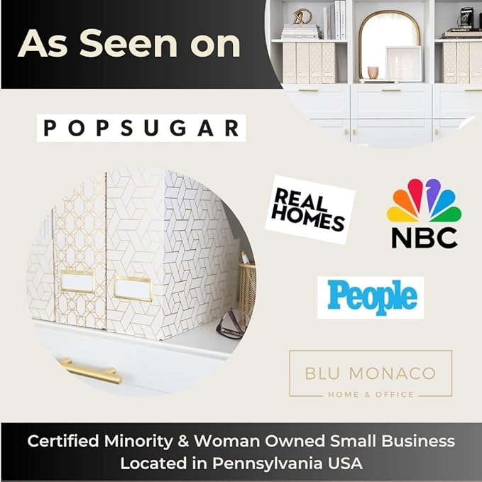 BLU MONACO Decorative Foldable Magazine Storage Boxes for Desk - Set of 4 Gold Magazine Holders with Cream Woven Design – Vintage Magazine File Organizer – Book Bins & Office Décor Storage Solution