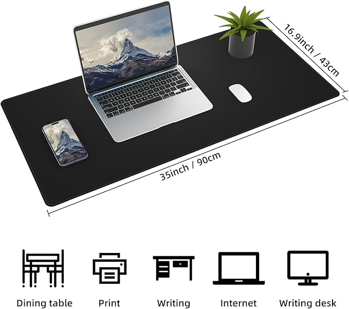 Leather Desk Pad Protector, Office Desk Mat, Large Mouse Pad,Cork Desk Mat, Laptop Desk Pad, Waterproof Desk Writing Pad for Office and Home (35in*17in, Black)