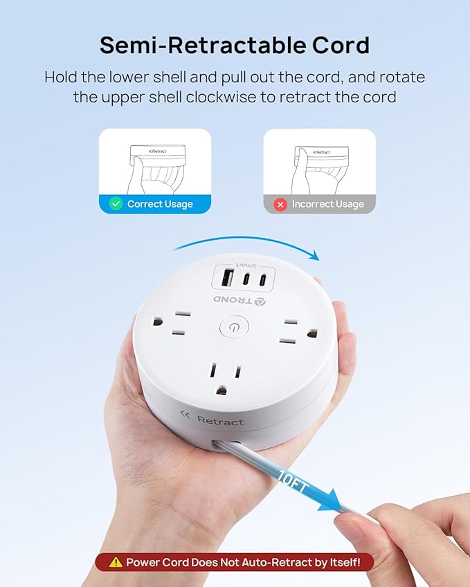 TROND Flat Plug Power Strip - Extension Cord 10FT Semi-Retractable, Power Strip with 3 AC Outlets 3 USB Ports (2 USB C), Cruise Ship Essentials, Desktop Charging Station for Home, Hotel, Dorm