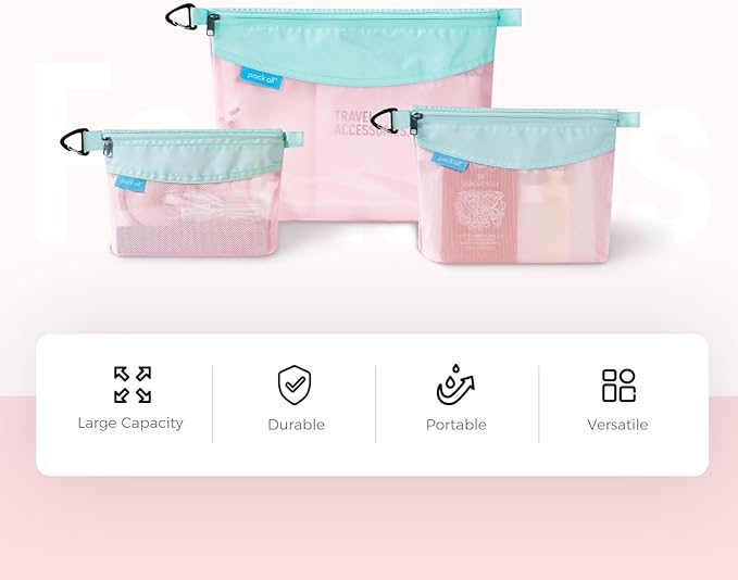 pack all Water-resistant Material Zipper Pouch, Mesh Zipper Bag for Storage, Travel, Office (Medium, Pink)