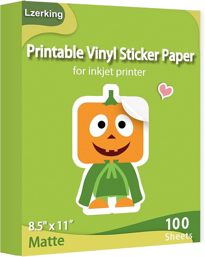 Lzerking Printable Vinyl Sticker Paper for Inkjet Printer 100 Sheets Matte White Waterproof 8.5x11 Inches