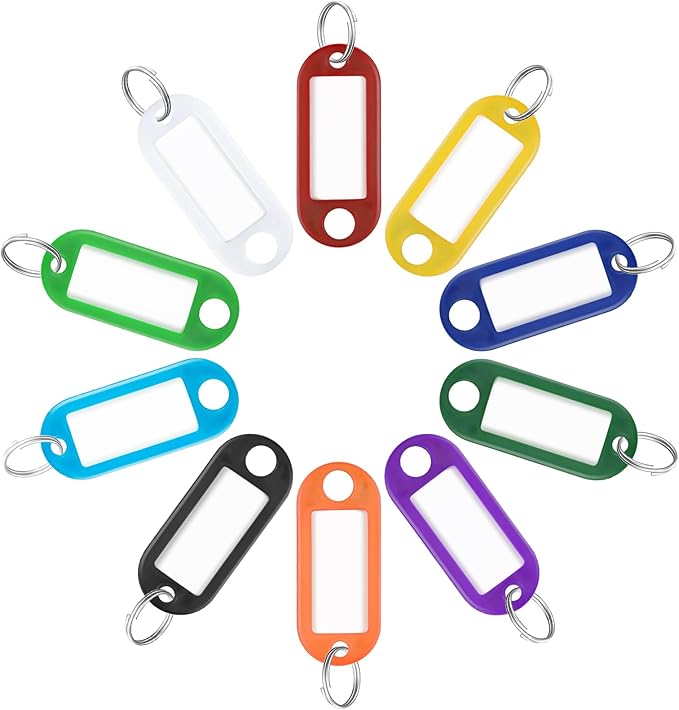 Uniclife 2 Inch Tough Plastic Key Tags in 10 Assorted Colors Item Identifiers Markers with Blank Paper Labels Protective Plastic Films and Split Rings, 10 Pack