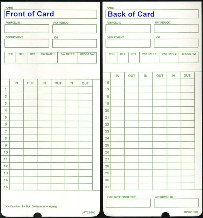 300 Time Cards for uPunch HN3000 AutoAlign Time Clock (uPTC1000-1 fits HN1000, HN1500, HN3000, HN3500, HN3540, UB1000) Non-Calculating Compatible