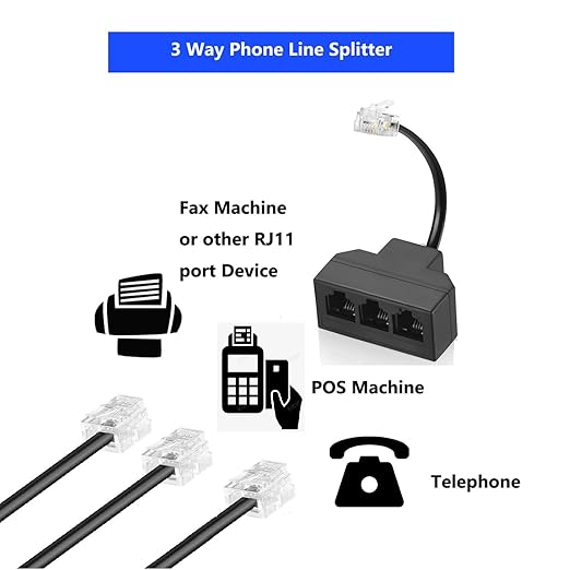 RJ11 Cable 3 Way Telephone Splitter 3 Pack, Black, Splitter 6P4C Connector Phone Line Cord Adapter with Cable for Landline Telephone Wire, Suitable for Telephone, Fax Machine