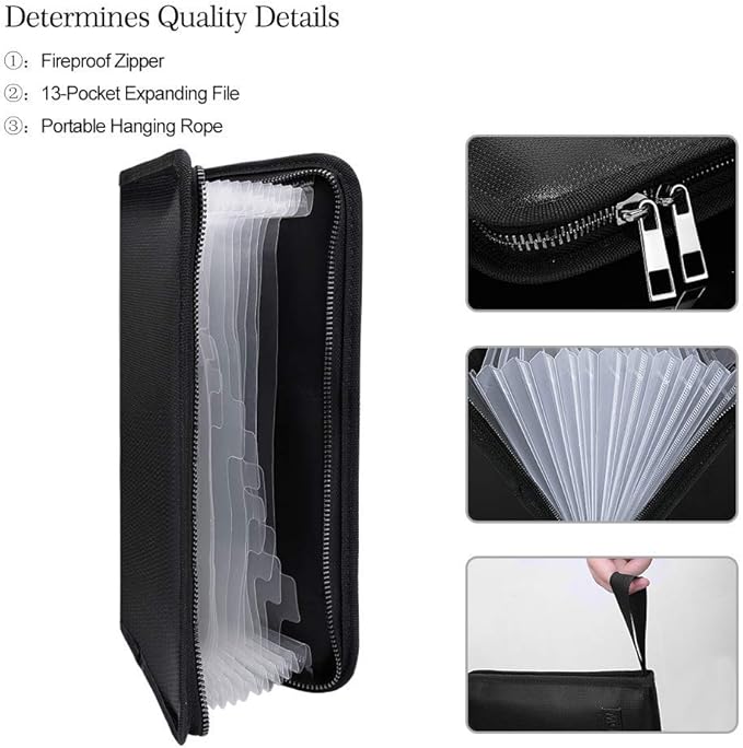 ENGPOW Expanding File Folder (11.4"x6.3") A5 Size Document Organizer Fireproof Money Bag 13 Pockets Zipper Closure Portable Filing Wallet Holder Storage for Check,Bill,Receipts,Tickets