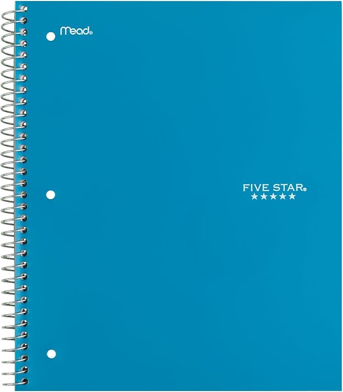Five Star Spiral Notebook + Study App, 5 Subject, Wide Ruled Paper, Fights Ink Bleed, Water Resistant Cover, 8" x 10-1/2", 200 Sheets, Tidewater Blue (73196)
