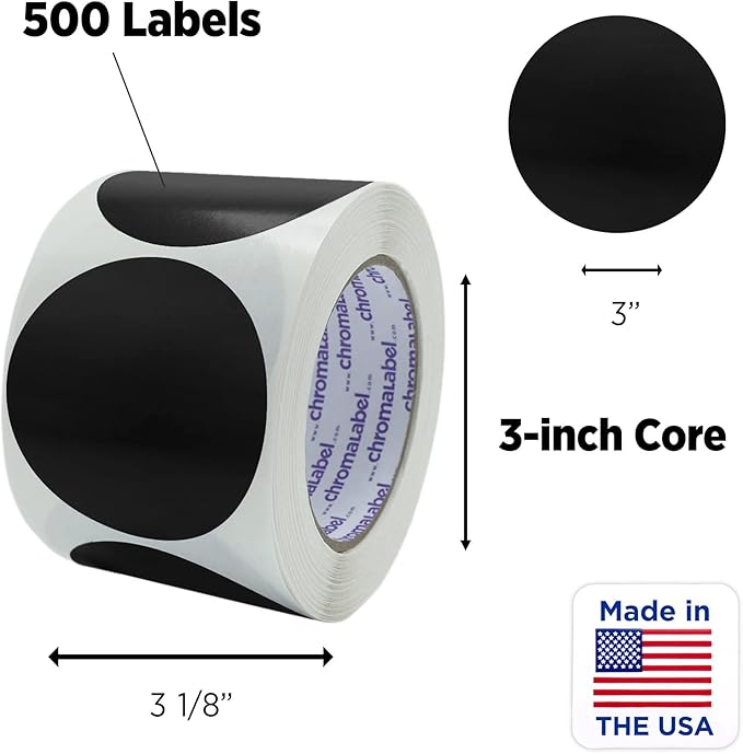 ChromaLabel 3 Inch Round Label Permanent Color Code Dot Stickers, 500 Labels per Roll, Black