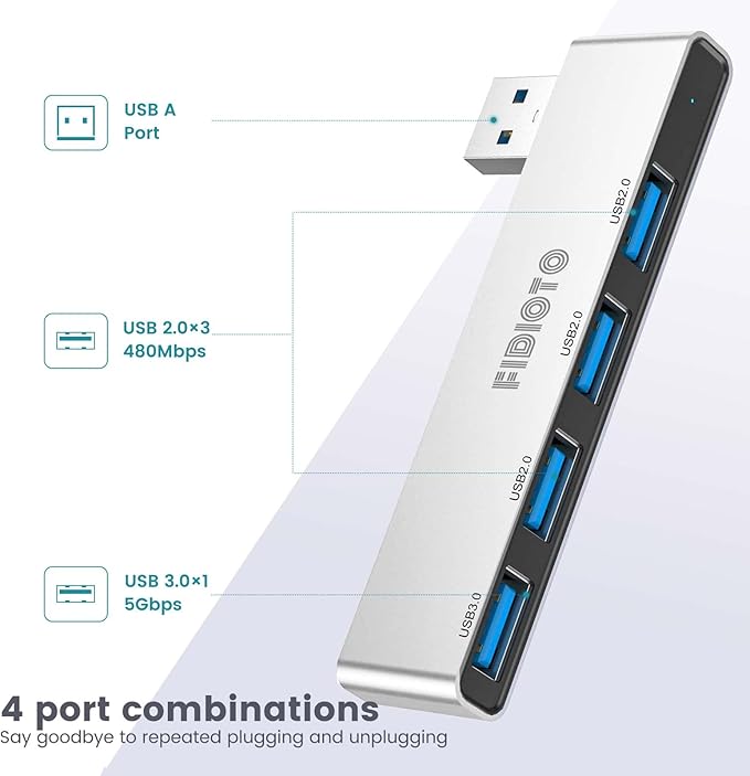Multi Port USB Hub, Fidioto 4 Port USB Adapter(1 * 3.0 Hub, 3 * 2.0 Hub), USB Hub for Laptop, iMac Pro, MacBook Air, Mac Mini/Pro, Notebook PC, USB Flash Drives and Mobile HDD Etc.