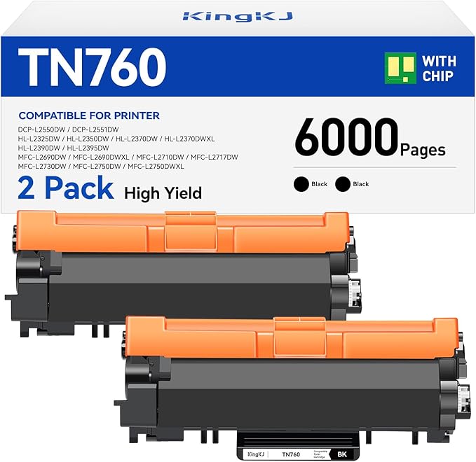 TN760 Black Toner Cartridge 2-Pack Compatible Replacement for Brother TN-760 TN730 MFC-L2710DW MFC-L2750DW HL-L2350DW DCP-L2550DW HL-L2395DW HL-L2370DW HL-L2325DW HL-L2390DW MFC-L2690DW Laser Printer