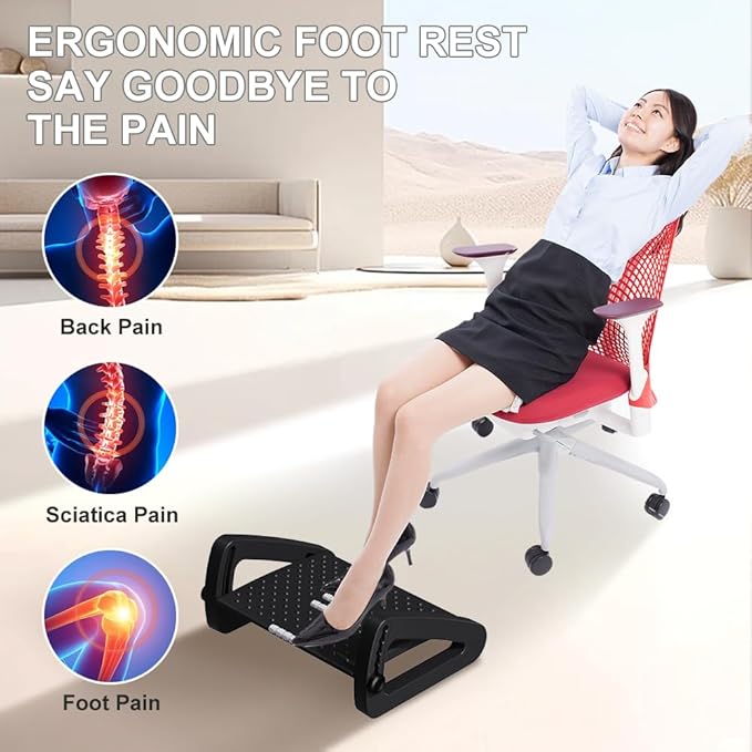 Foot Rest for Under Desk at Work - Six Heights Adjustable Under Desk Footrest - Ergonomic Foot Stools for Under Office Desks - Desks Foot Rest with Massage Rollers - Leg Rest for Chair (Black)