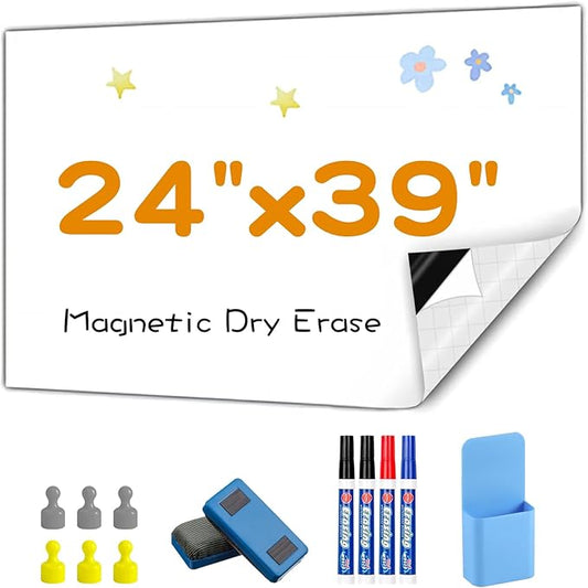 Dry Erase Adhesive Whiteboard Paper, 24" x 39" Stick on Magnetic Contact White Board Sticker on Wall for School, Office, Kitchen Fridge, Kids Drawing