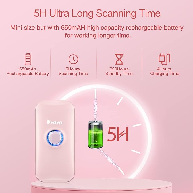 Eyoyo Mini 1D Bluetooth Barcode Scanner, 3-in-1 Bluetooth & USB Wired & 2.4G Wireless Barcode Reader Portable Bar Code Scanning Work with Windows, Android, iOS, Tablets or Computers(Pink)