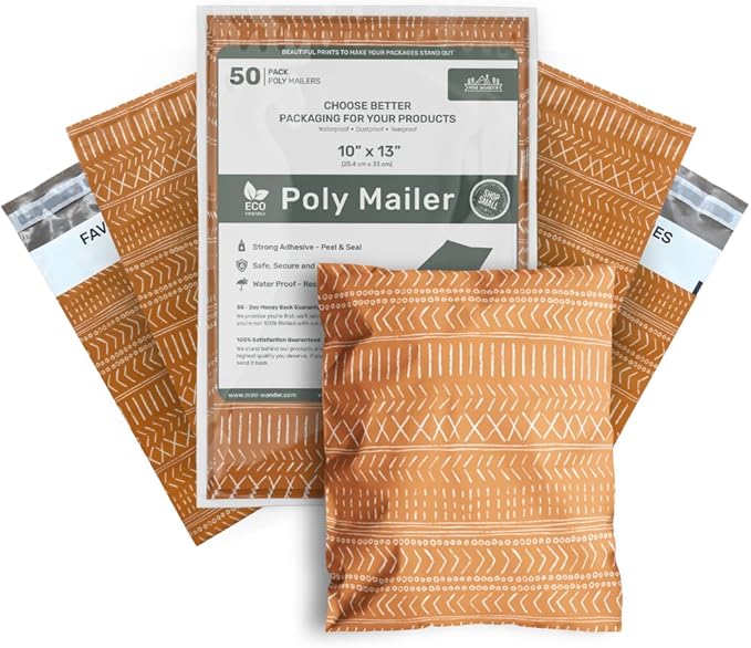 Poly Mailers 10x13 Inch 50 Pack Medium Shipping Bags Strong Thick Mailing Envelopes | Self Sealing Adhesive | Waterproof & Tear Resistant | Small Business Packaging for Clothing - Boho Brown