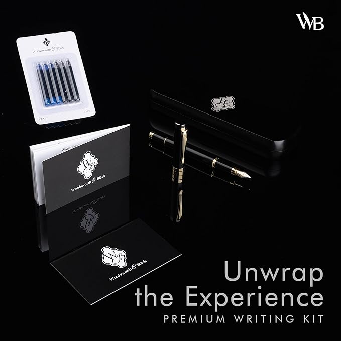 Wordsworth & Black Fountain Pen Set, Luxury Bamboo Wood - Fine Nib, Gift Case; Includes 6 Ink Cartridges, Ink Refill Converter -Journaling, Calligraphy; Drawing, Smooth Writing [Black Wood]