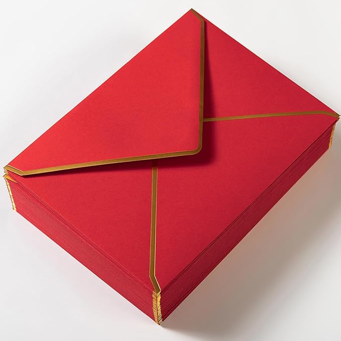 50 Pack A7 Envelopes Red 5 x 7 Self-Adhesive V Flap Envelopes with Gold Border for Office, Greeting Card, Wedding, Graduation, Baby Shower, Parties, Invitations (Red, 5x7)