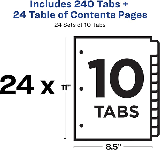 Avery 10 Tab Dividers for 3 Ring Binders, Customizable Table of Contents, Multicolor Tabs, 24 Sets (11169)